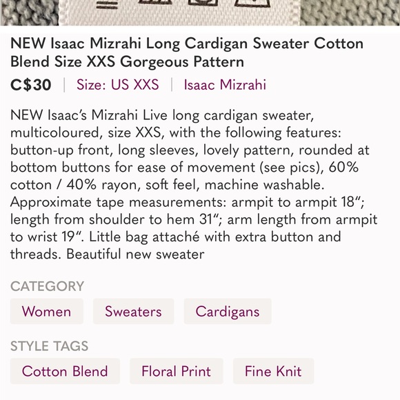 Isaac Mizrahi Live Long Floral Button Up Cardigan Sweater Cotton Blend Size XXS - Picture 11 of 11